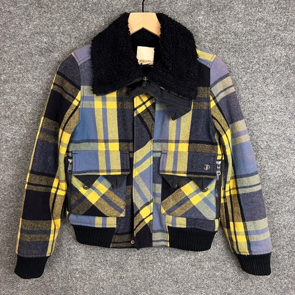 Y2K Diesel Plaid Wool Tartan Plaid Sherpa Jacket Collar and Zipper Pocket XXS - Picture 1 of 11